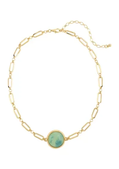 Gold Tone 14'' Green Pendant Necklace