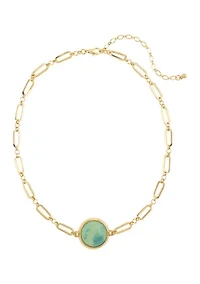 Gold Tone 14'' Green Pendant Necklace