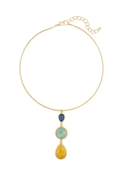 Gold Tone 14'' + 3'' Extender Coil Necklace with Multicolored Triple Teardrop Pendant