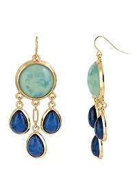 Gold Tone Blue And Green Round Cabochon With Triple Navy Teardrops Earrings On French Wire