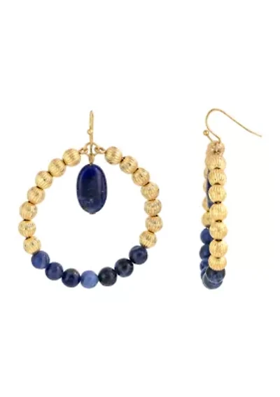 Gold Tone Orbital Blue Sodalite Gold Beaded Hoop Earrings on Fish Hook with Center Blue Sodalite Stone Drop