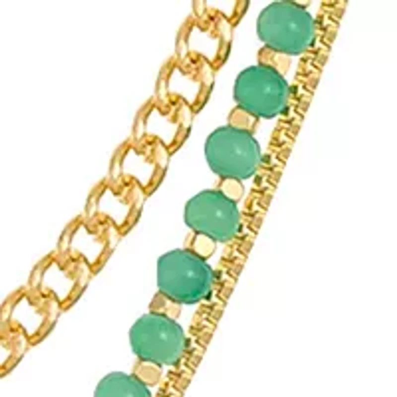 Gold Tone 18'' + 3'' Extender Layered 3 Row Necklace with Green Cat Eye Accent Row and Pendant Drop