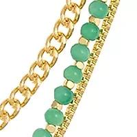 Gold Tone 18'' + 3'' Extender Layered 3 Row Necklace with Green Cat Eye Accent Row and Pendant Drop