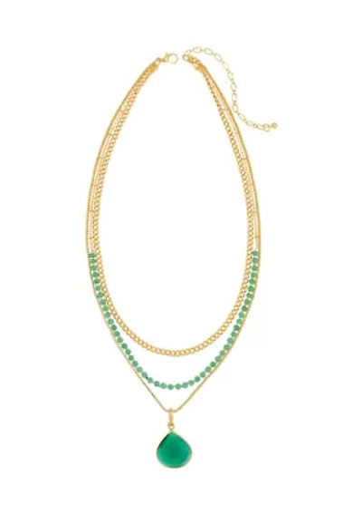 Gold Tone 18'' + 3'' Extender Layered 3 Row Necklace with Green Cat Eye Accent Row and Pendant Drop