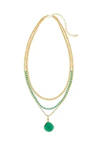 Gold Tone 18'' + 3'' Extender Layered 3 Row Necklace with Green Cat Eye Accent Row and Pendant Drop