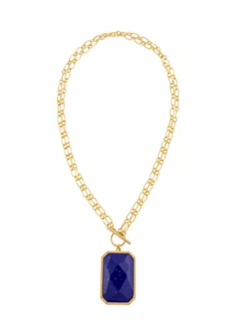 Gold Tone 18'' Double Chain Short Necklace with Faceted Rectangle Blue Stone Pendant and Front Toggle Closure