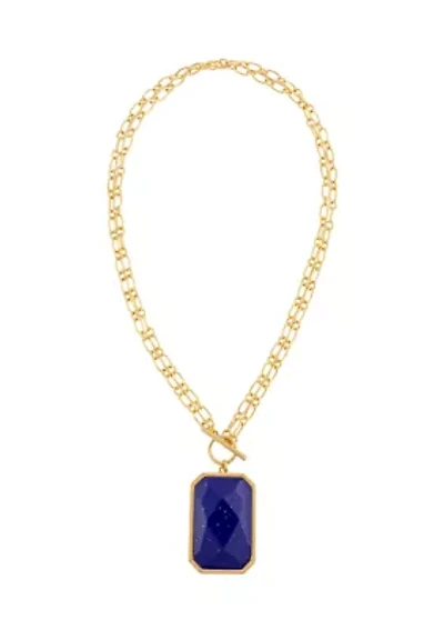 Gold Tone 18'' Double Chain Short Necklace with Faceted Rectangle Blue Stone Pendant and Front Toggle Closure