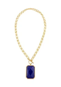 Gold Tone 18'' Double Chain Short Necklace with Faceted Rectangle Blue Stone Pendant and Front Toggle Closure