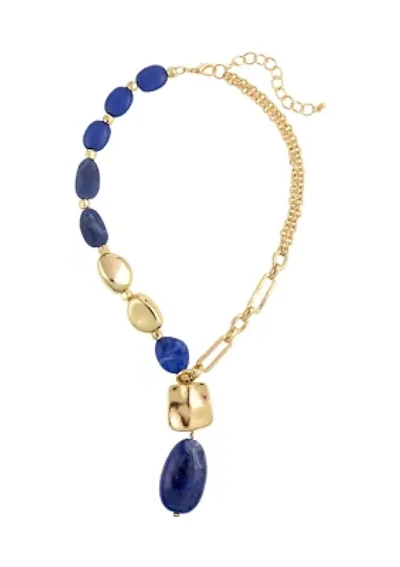 Gold Tone 18'' + 3'' Extender Chunky Blue and Gold Bead Y Necklace 