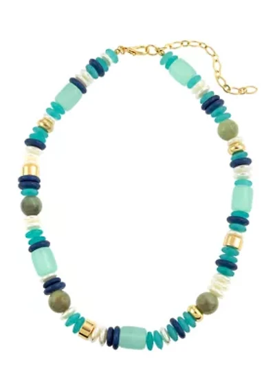 Gold Tone 16'' + 3'' Extender Blue Multi Beaded Short Necklace
