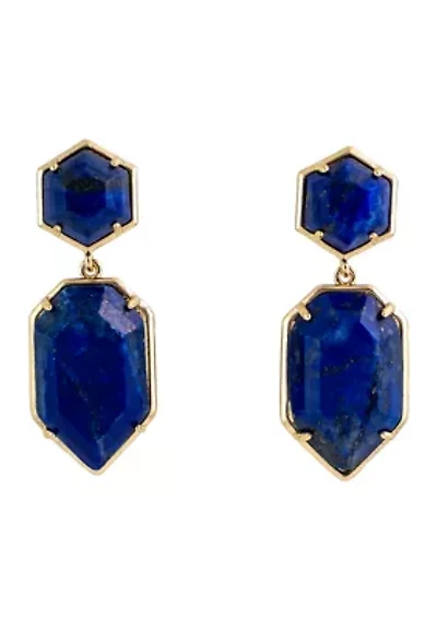 Gold Tone Faceted Blue Stone Post Top Earrings With Blue Faceted Teardrop Drop