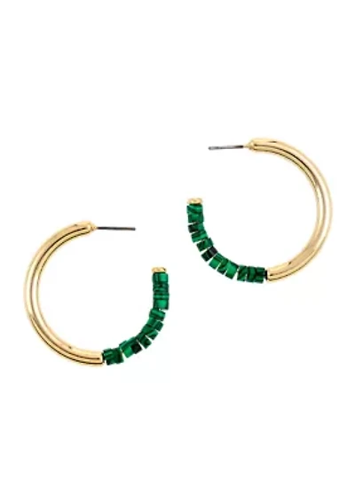 Gold Tone Post Hoop with Green Bead Detail