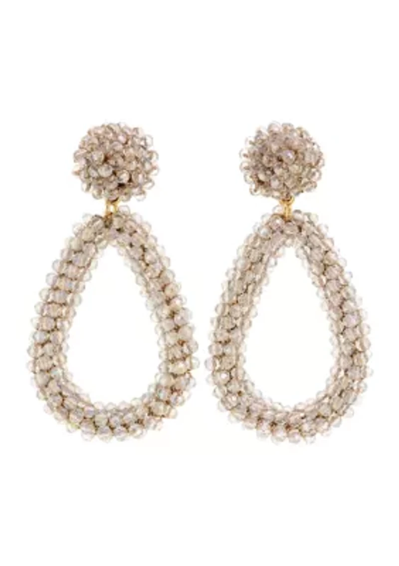 Gold Tone White Woven Beaded Button Post Top Earrings with Open Teardrop