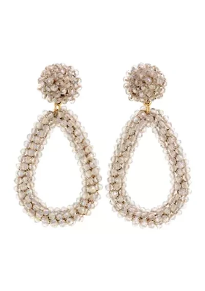 Gold Tone White Woven Beaded Button Post Top Earrings with Open Teardrop