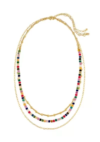 Gold Tone 13'' + 3'' Extender Multi Colored Beaded Chain Necklace - Set of 3
