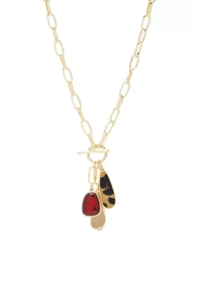 Gold Tone Red Stone Animal Print Drop Necklace