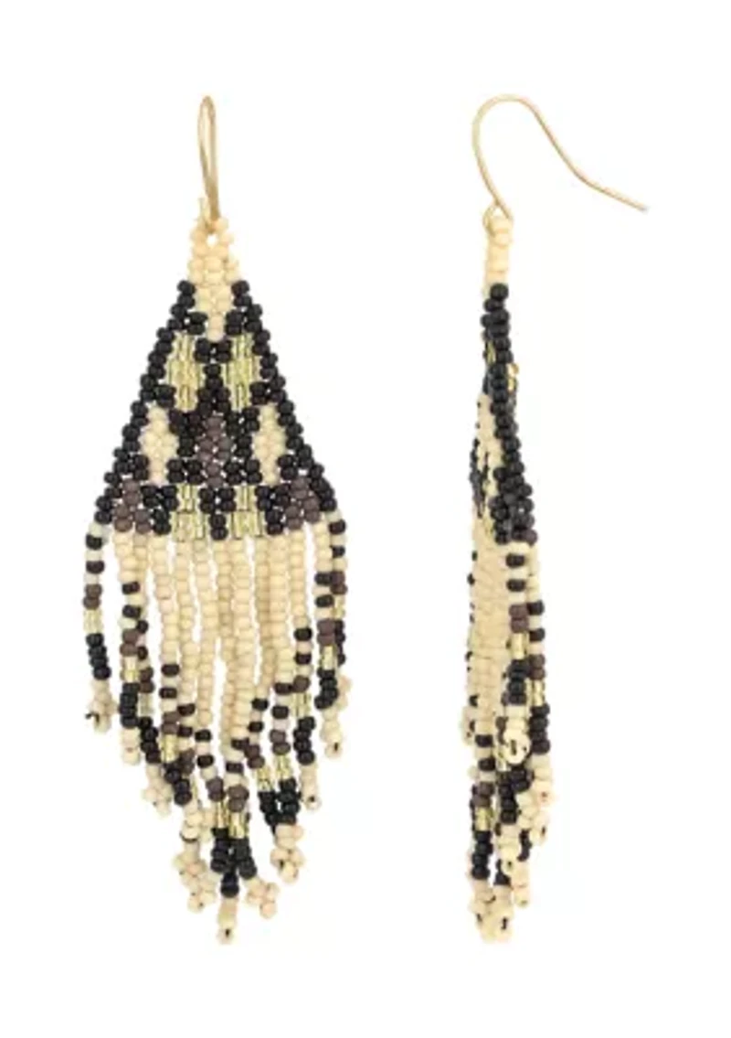 Gold-Tone Black Multi Woven Bead Kite Fringe Drop Earrings