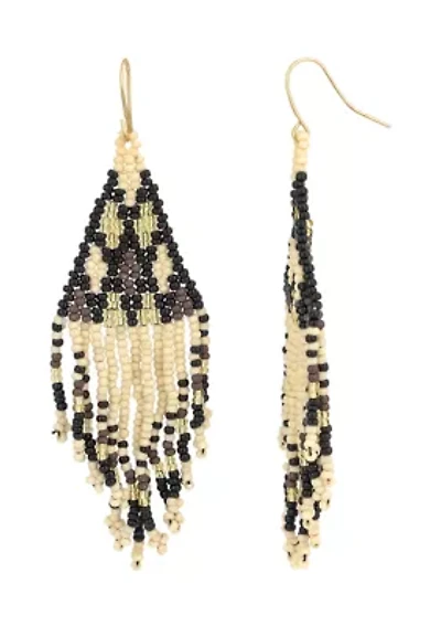 Gold-Tone Black Multi Woven Bead Kite Fringe Drop Earrings 