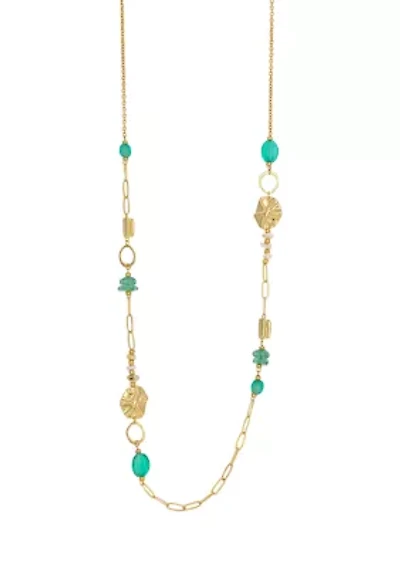Gold Tone Long Linked Aqua Multi Beaded with Sealife Stations Necklace