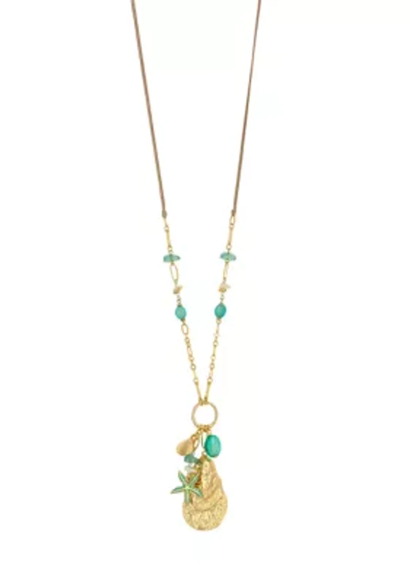 Gold Tone Long Multi Sea Life Charm Pendant Necklace
