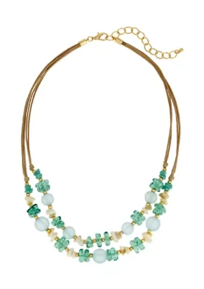 Gold Tone 2 Row Multi Aqua Bead and Shell Necklace