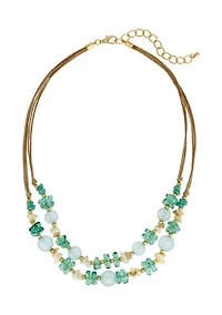 Gold Tone 2 Row Multi Aqua Bead and Shell Necklace