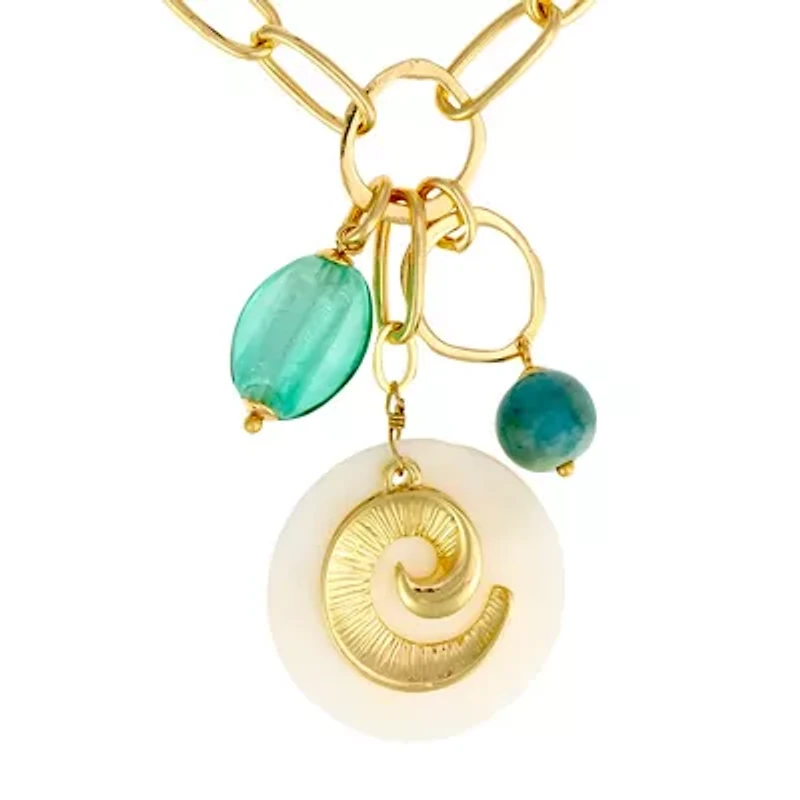 Gold Tone Short Chain Link Necklace with Aqua Multi Beads and Shell Drops
