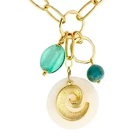Gold Tone Short Chain Link Necklace with Aqua Multi Beads and Shell Drops