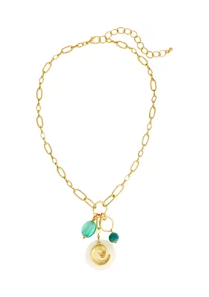 Gold Tone Short Chain Link Necklace with Aqua Multi Beads and Shell Drops