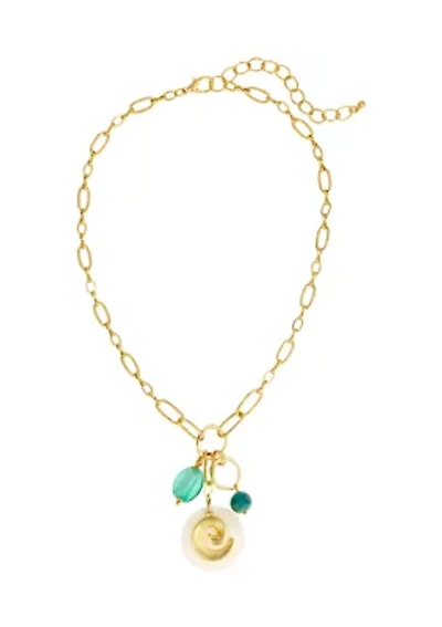 Gold Tone Short Chain Link Necklace with Aqua Multi Beads and Shell Drops
