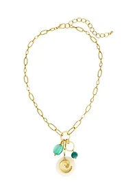 Gold Tone Short Chain Link Necklace with Aqua Multi Beads and Shell Drops
