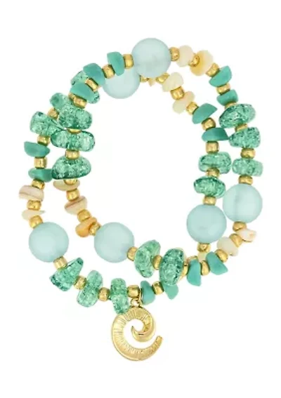 Gold-Tone 2-Row Multi Bead and Shell Stretch Bracelet Set