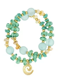 Gold-Tone 2-Row Multi Bead and Shell Stretch Bracelet Set