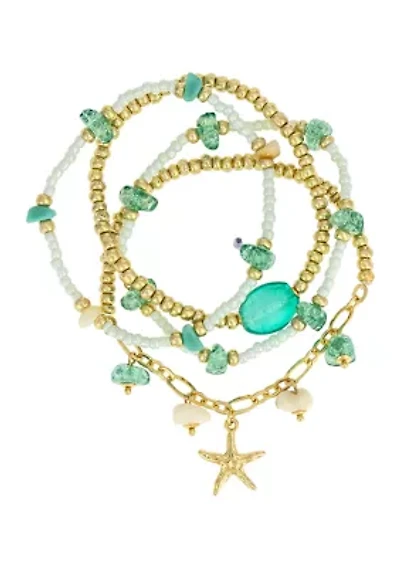 Gold Tone Multi Beaded Starfish Charm Stretch Bracelet Set