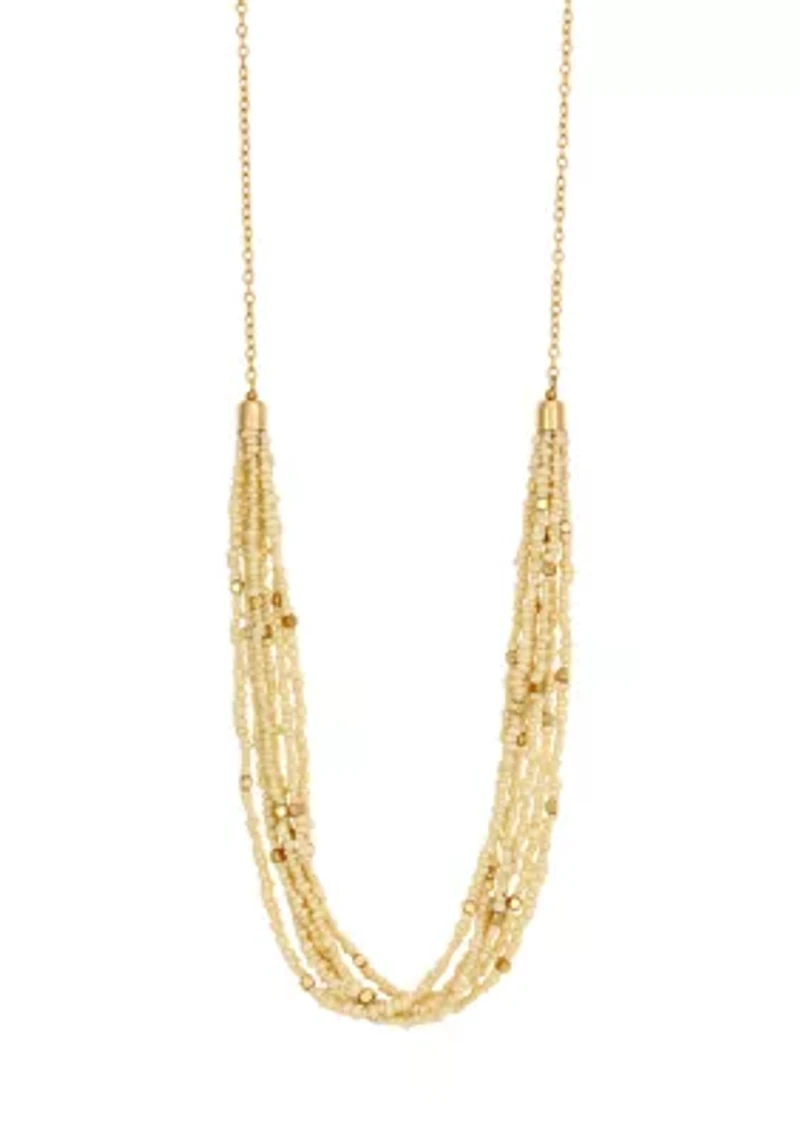 Gold-Tone Long Multirow Ivory Seed Bead Necklace