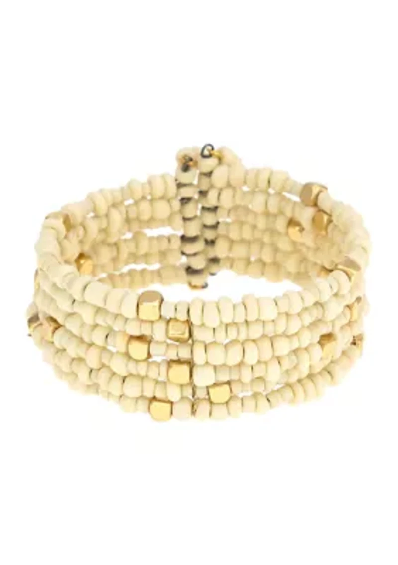 Gold Tone Natural Multi Row Seed Bead Cuff Bracelet