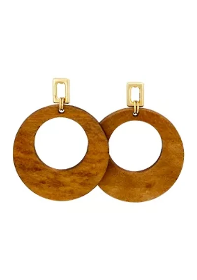 Gold-Tone Open Square Top Brown Wood Donut Drop Earrings