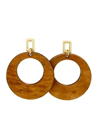 Gold-Tone Open Square Top Brown Wood Donut Drop Earrings
