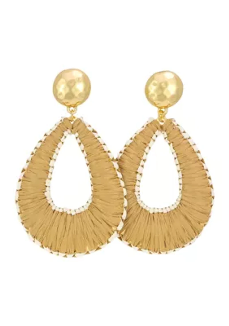 Gold-Tone Natural Raffia Wrapped Open Teardrop Earrings