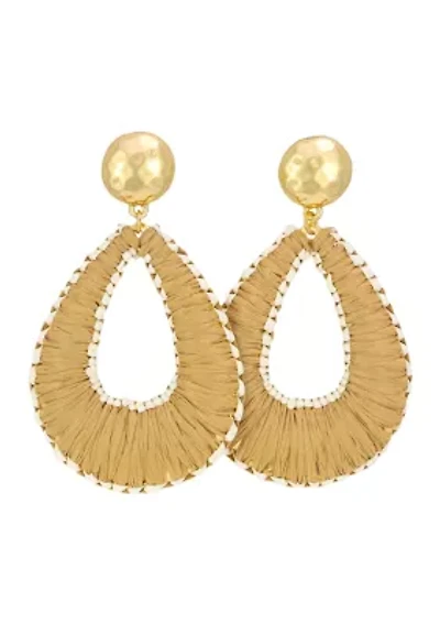 Gold-Tone Natural Raffia Wrapped Open Teardrop Earrings