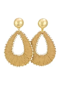 Gold-Tone Natural Raffia Wrapped Open Teardrop Earrings