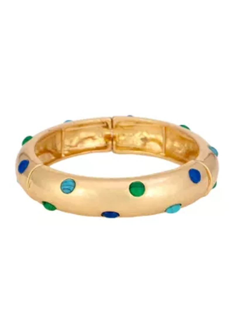 Gold Tone Blue Green Stone Stretch Bangle Bracelet