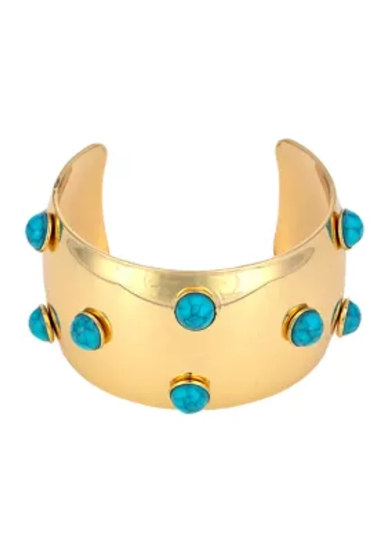 Gold Tone Wide Turquoise Stone Cuff Bracelet