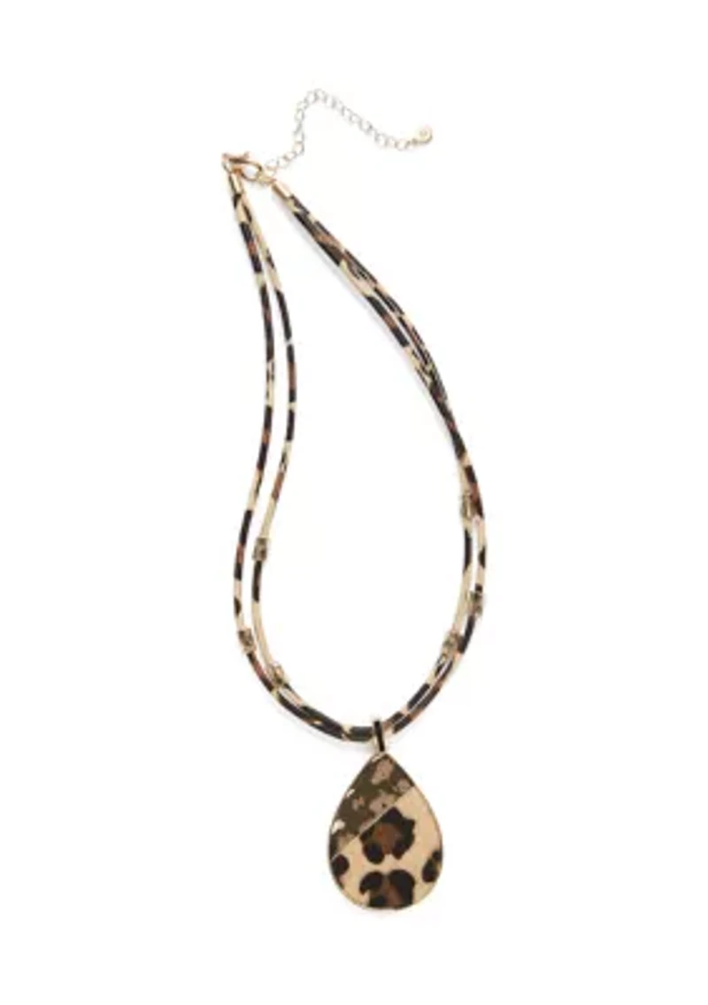 Multi Row Leopard Print Cord Teardrop Necklace