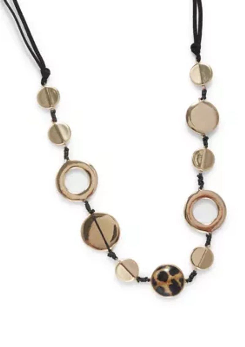 Long Cord Station Metal and Leopard Printed Disc Necklace