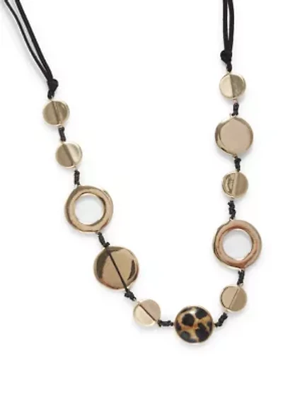 Long Cord Station Metal and Leopard Printed Disc Necklace