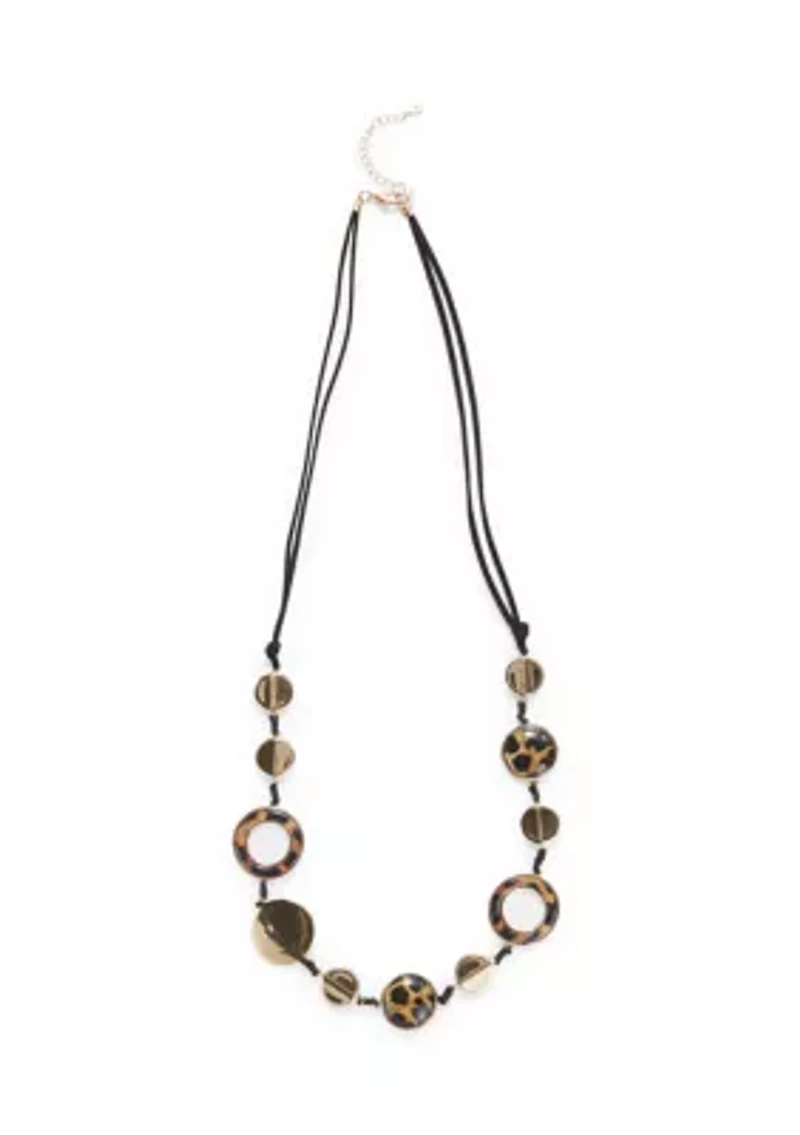 Long Cord Station Metal and Leopard Printed Disc Necklace