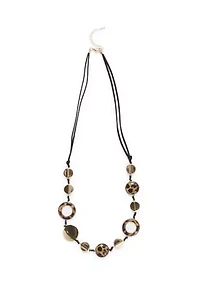 Long Cord Station Metal and Leopard Printed Disc Necklace