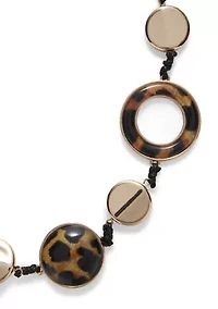 Long Cord Station Metal and Leopard Printed Disc Necklace