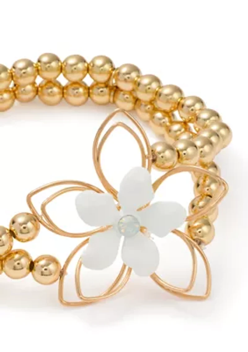Gold Tone Beaded Stretch Flower Bracelet